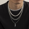 Men's Feather Pendant Multilayer Pearl Metal Alloy Necklace Retro Style