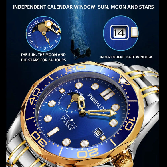 Men's Fully Automatic Mechanical Watch With Stainless Steel Belt Round Dial And Alloy Case