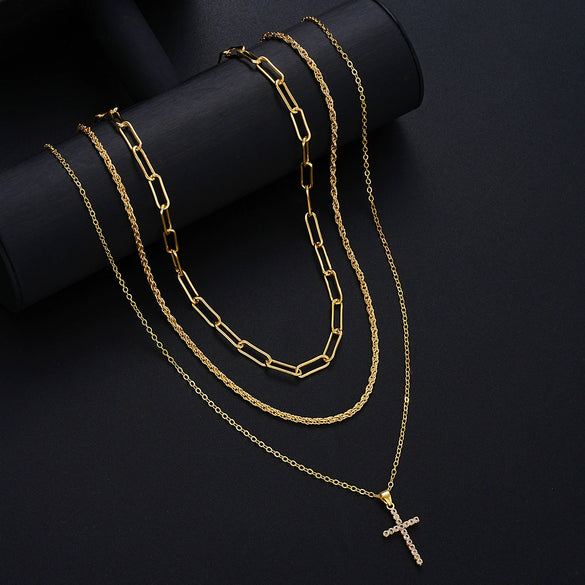Men's Geometric Layered Necklace And Bracelet Set With Copper Pendants Zircon Details And Electroplated Stacking Design