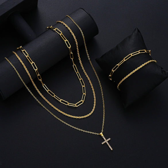 Men's Geometric Layered Necklace And Bracelet Set With Copper Pendants Zircon Details And Electroplated Stacking Design