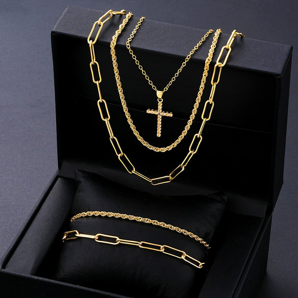 Men's Geometric Layered Necklace And Bracelet Set With Copper Pendants Zircon Details And Electroplated Stacking Design