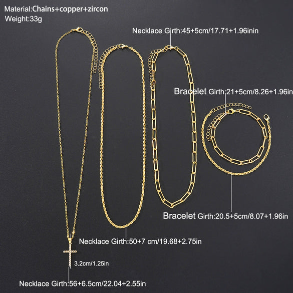 Men's Geometric Layered Necklace And Bracelet Set With Copper Pendants Zircon Details And Electroplated Stacking Design