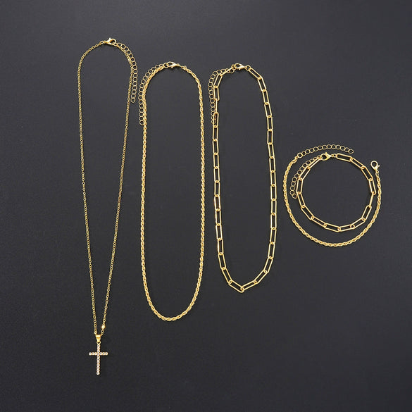 Men's Geometric Layered Necklace And Bracelet Set With Copper Pendants Zircon Details And Electroplated Stacking Design