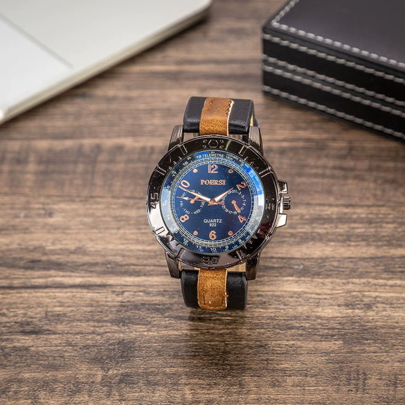 Men's Gift Set With Alloy Case Ordinary Glass Mirror Pu Strap Round Dial Leisure Style Watch Wallet Cufflinks Pen Set