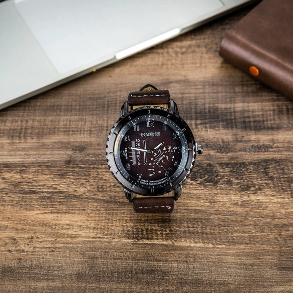 Men's Gift Set With Alloy Case Stainless Steel Clasp Pu Strap Round Dial Ordinary Glass Mirror Watch Glasses Belt Wallet Leisure Style