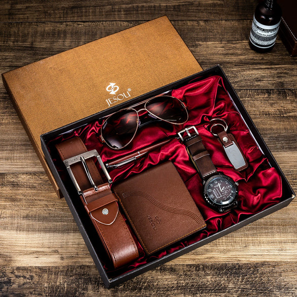 Men's Gift Set With Alloy Case Stainless Steel Clasp Pu Strap Round Dial Ordinary Glass Mirror Watch Glasses Belt Wallet Leisure Style