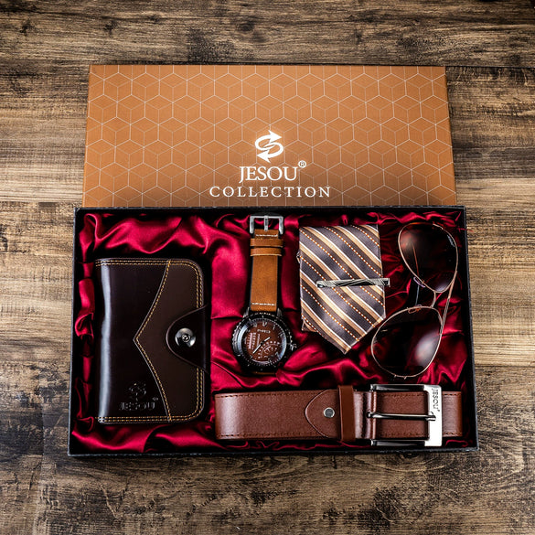 Men's Gift Set With Alloy Case Stainless Steel Clasp Pu Strap Round Dial Ordinary Glass Mirror Watch Glasses Belt Wallet Leisure Style