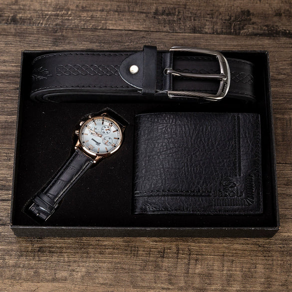 Men's Gift Set With Alloy Watch Pu Belt And Wallet Leisure Style Round Dial Pin Buckle Stainless Steel Clasp