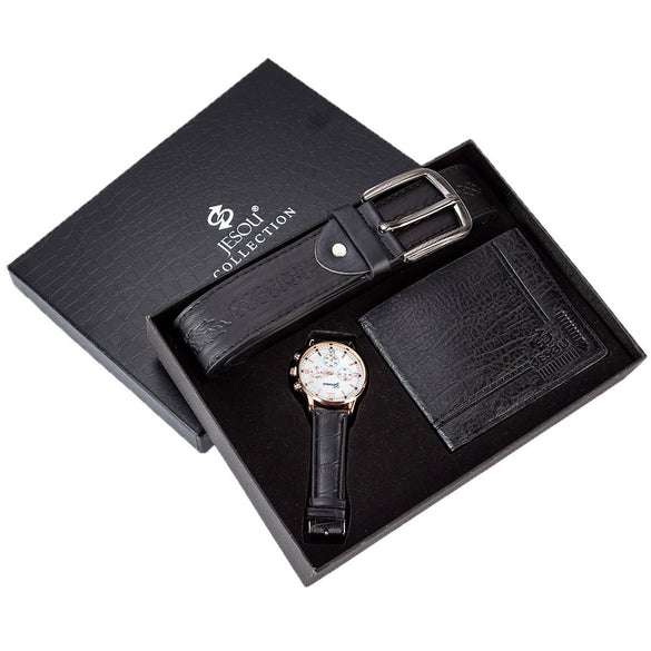 Men's Gift Set With Alloy Watch Pu Belt And Wallet Leisure Style Round Dial Pin Buckle Stainless Steel Clasp