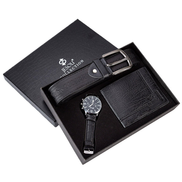 Men's Gift Set With Alloy Watch Pu Belt And Wallet Leisure Style Round Dial Pin Buckle Stainless Steel Clasp