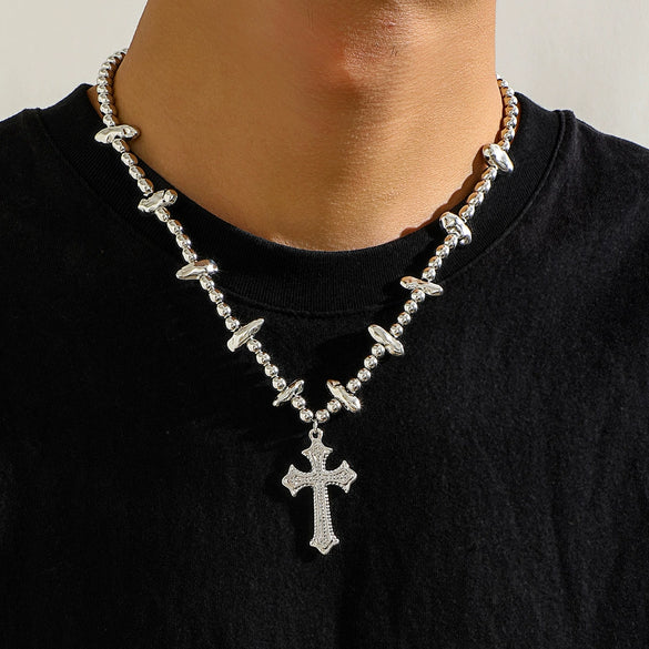 Men's Handmade Alloy Imitation Pearl Cross Geometric Hip Hop Necklace