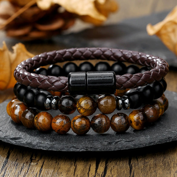 Men's Handmade Beaded Bracelet With Black Onyx Tiger Eye Leather And Geometric Pattern