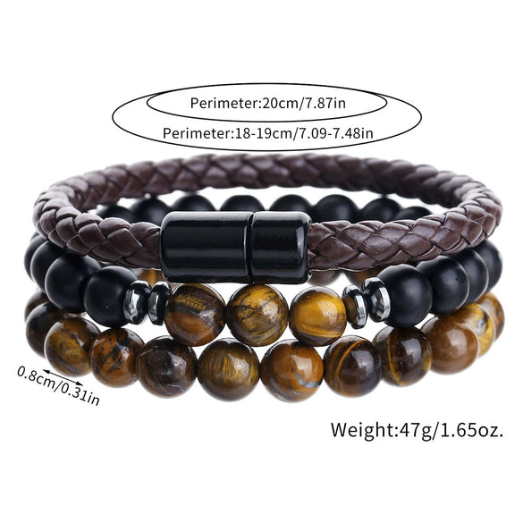 Men's Handmade Beaded Bracelet With Black Onyx Tiger Eye Leather And Geometric Pattern