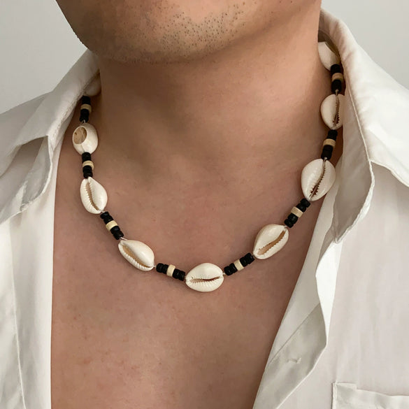Men's Handmade Geometric Shell And Wood Bead Necklace