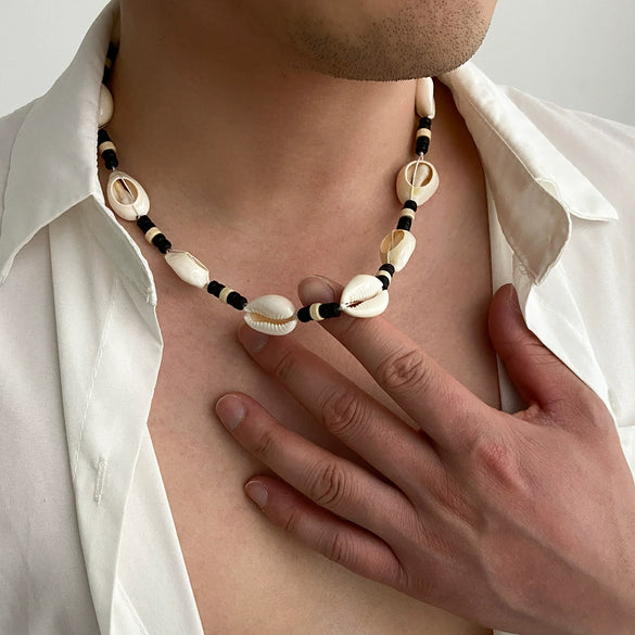 Men's Handmade Geometric Shell And Wood Bead Necklace