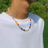 Men's Handmade Glass And Imitation Pearl Ball Chain Necklace With Geometric Pattern And Artificial Crystal Pendant
