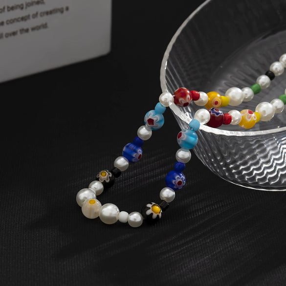Men's Handmade Glass And Imitation Pearl Ball Chain Necklace With Geometric Pattern And Artificial Crystal Pendant
