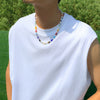 Men's Handmade Glass And Imitation Pearl Ball Chain Necklace With Geometric Pattern And Artificial Crystal Pendant