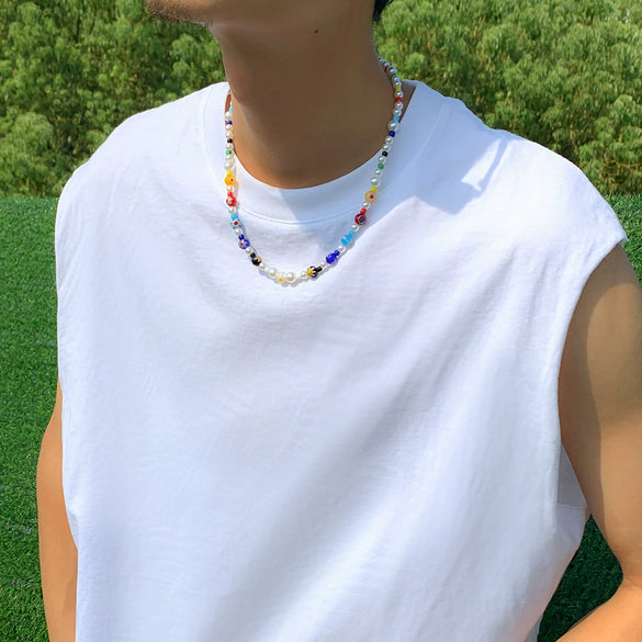 Men's Handmade Glass And Imitation Pearl Ball Chain Necklace With Geometric Pattern And Artificial Crystal Pendant