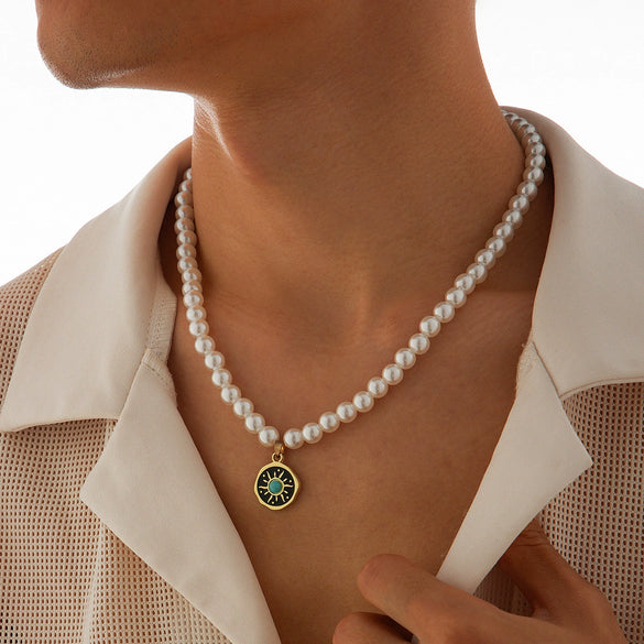 Men's Handmade Hiphop Imitation Pearl And Alloy Small Sun Turquoise Pendant Clavicle Chain Jewelry