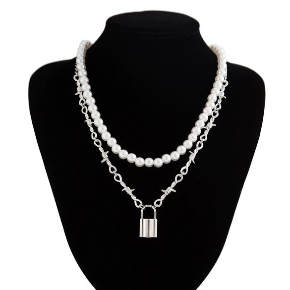Men's Handmade Imitation Pearl And Alloy Geometric Style Lock Pendant Necklace