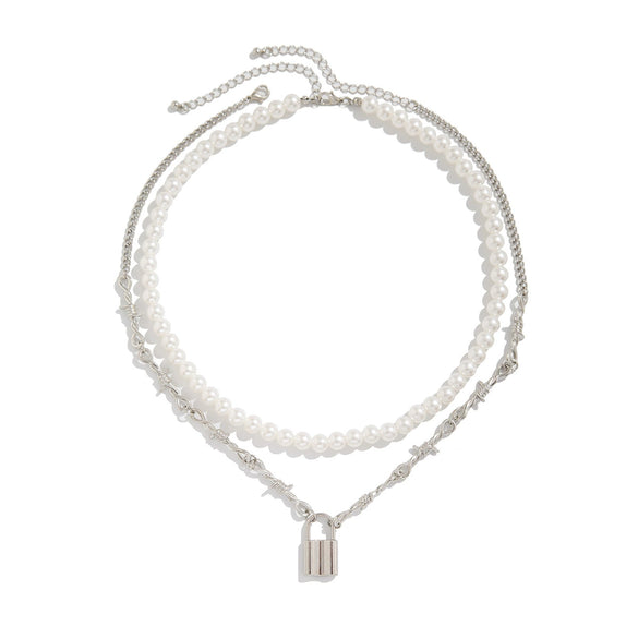 Men's Handmade Imitation Pearl And Alloy Geometric Style Lock Pendant Necklace