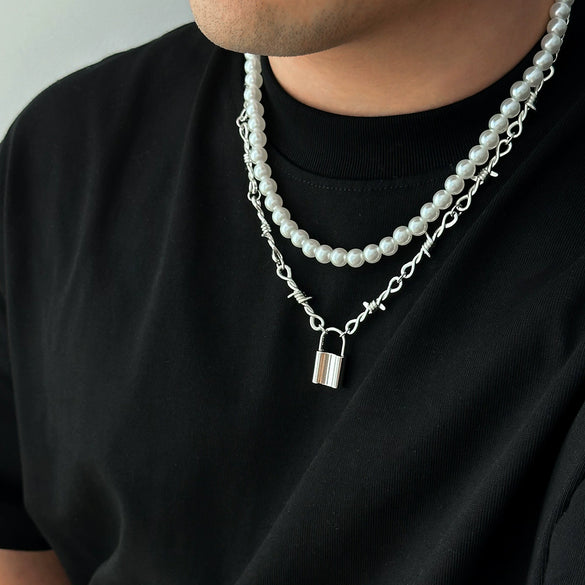 Men's Handmade Imitation Pearl And Alloy Geometric Style Lock Pendant Necklace