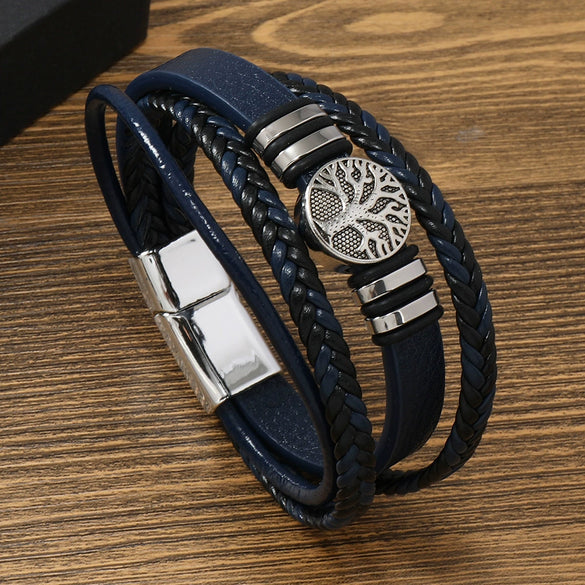 Men's Handmade Leather Bracelet With Alloy Magnet Buckle And Tree Of Life Leaves Pattern