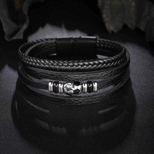 Men's Handmade Multilayer Alloy Leather Bracelet Sports Football Style