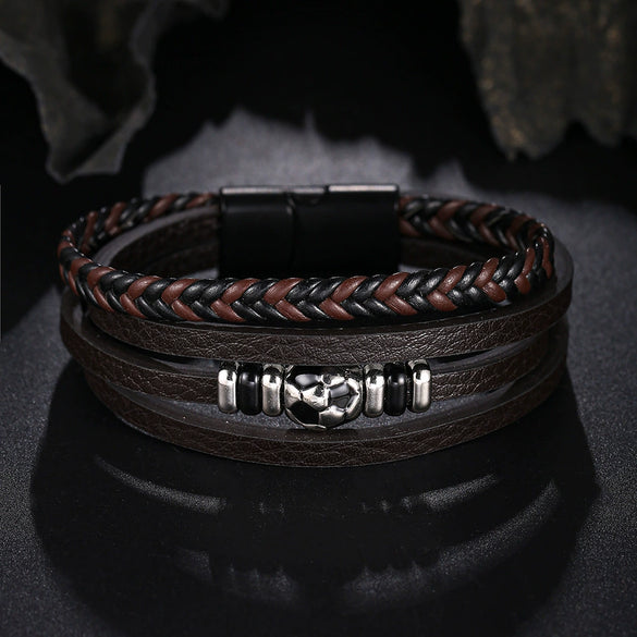 Men's Handmade Multilayer Alloy Leather Bracelet Sports Football Style