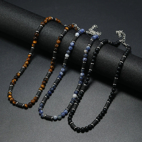 Men's Handmade Natural Stone Beaded Necklace With Geometric Style And Alloy Pendant