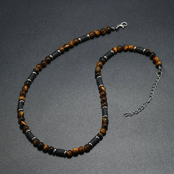 Men's Handmade Natural Stone Beaded Necklace With Geometric Style And Alloy Pendant