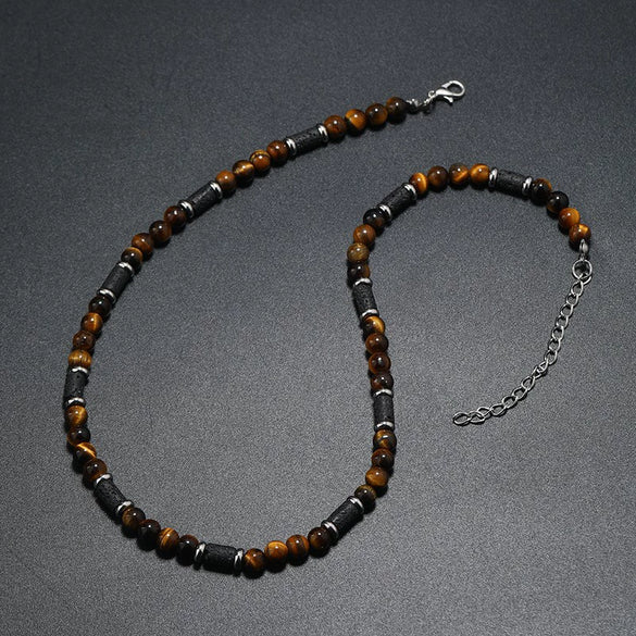 Men's Handmade Natural Stone Beaded Necklace With Geometric Style And Alloy Pendant