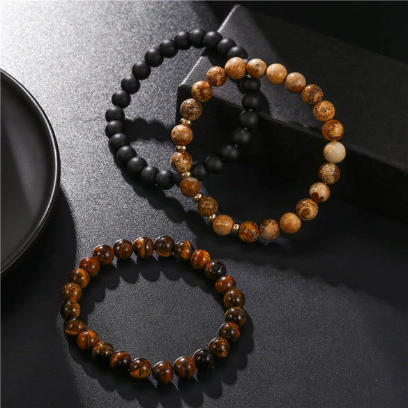 Men's Handmade Stone Stacking Bracelet Geometric Style Black Frosted Tiger Eye