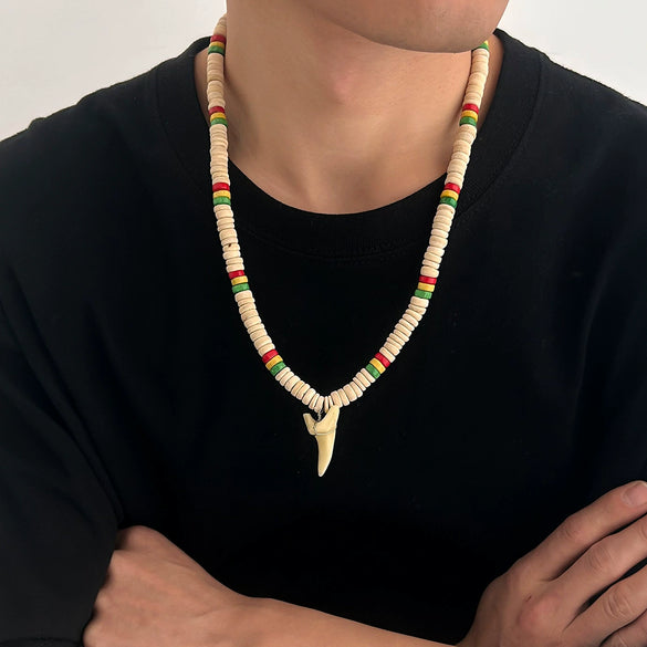 Men's Handmade Wooden Bead Necklace With Geometric Pattern And Shark Tooth Pendant For Summer Surfer Style