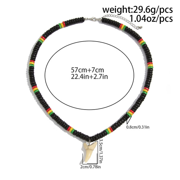 Men's Handmade Wooden Bead Necklace With Geometric Pattern And Shark Tooth Pendant For Summer Surfer Style