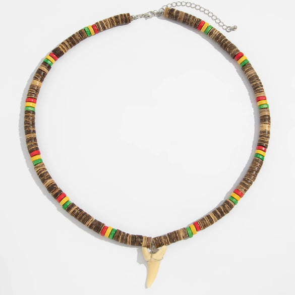 Men's Handmade Wooden Bead Necklace With Geometric Pattern And Shark Tooth Pendant For Summer Surfer Style