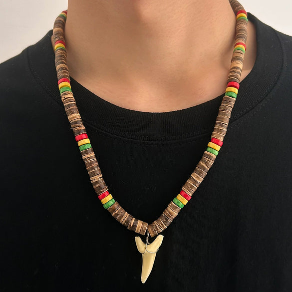 Men's Handmade Wooden Bead Necklace With Geometric Pattern And Shark Tooth Pendant For Summer Surfer Style