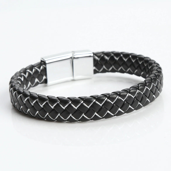 Men's Handwoven Alloy Leather Bracelet With Geometric Pattern And Magnet Buckle Handmade Jewelry