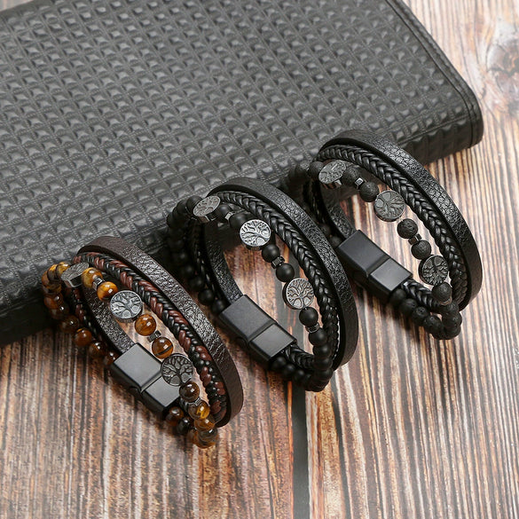 Men's Handwoven Natural Stone And Leather Bracelet With Alloy Buckle Geometric Pattern Magnetic Material Tree Of Life Style