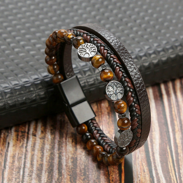 Men's Handwoven Natural Stone And Leather Bracelet With Alloy Buckle Geometric Pattern Magnetic Material Tree Of Life Style