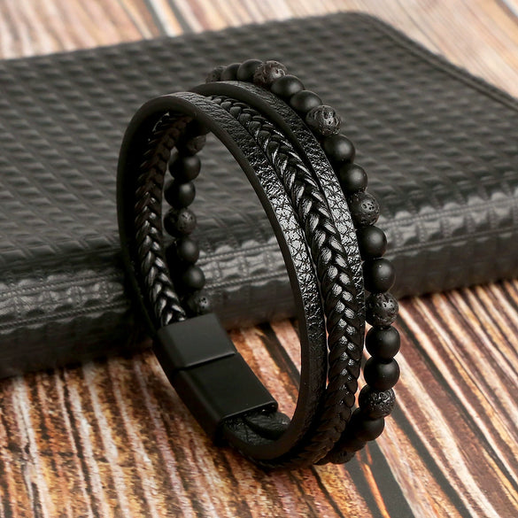 Men's Handwoven Natural Stone Tiger Eye Stone Beaded Bracelet With Geometric Style And Zinc Alloy Buckle