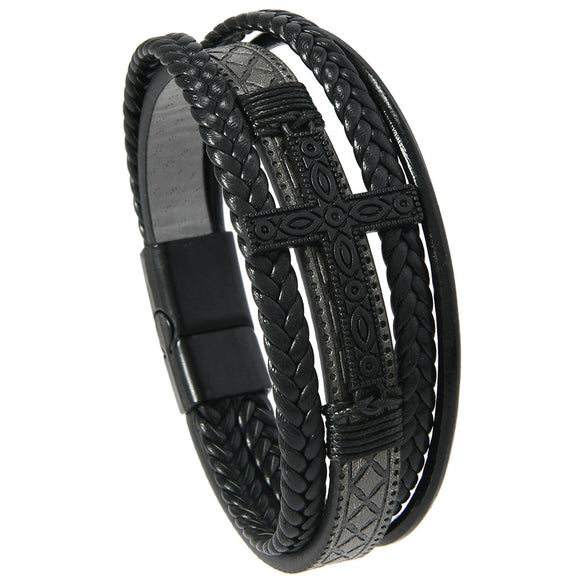 Men's Handwoven Retro Alloy Cross Leather Bracelet With Magnetic Buckle