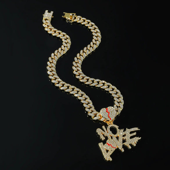 Men's Hip Hop Alloy Cuban Chain With Rhinestone Heartbreak Letter Pendant And Geometric Design