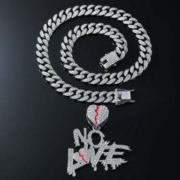 Men's Hip Hop Alloy Cuban Chain With Rhinestone Heartbreak Letter Pendant And Geometric Design