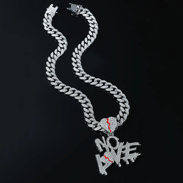 Men's Hip Hop Alloy Cuban Chain With Rhinestone Heartbreak Letter Pendant And Geometric Design