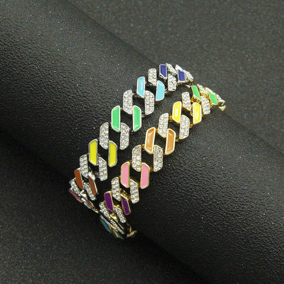 Men's Hip Hop Alloy Geometric Diamond Oil Dropping Cuban Chain Bracelet Jewelry
