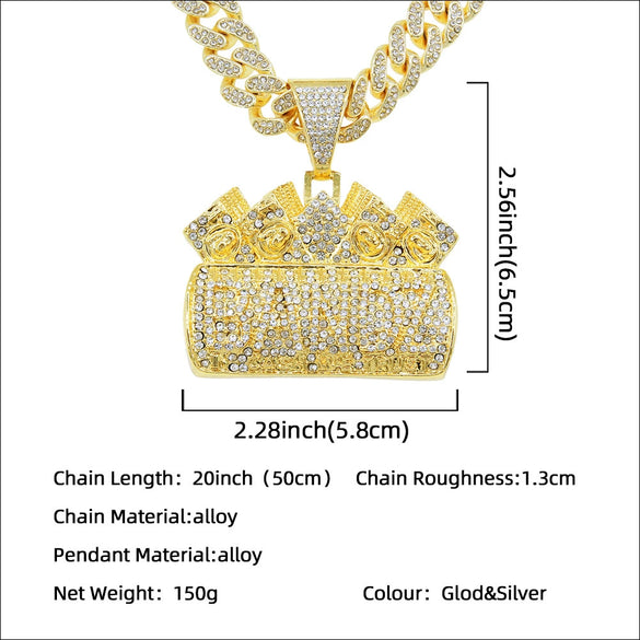 Men's Hip Hop Alloy Pendant Necklace With Geometric Pattern And Diamond Treatment On Cuban Chain