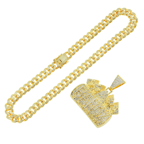 Men's Hip Hop Alloy Pendant Necklace With Geometric Pattern And Diamond Treatment On Cuban Chain