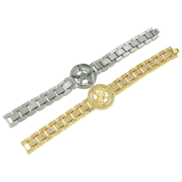 Men's Hip Hop Cool Alloy Rotatable Portrait Watch With Diamond And Geometric Style Bracelet
